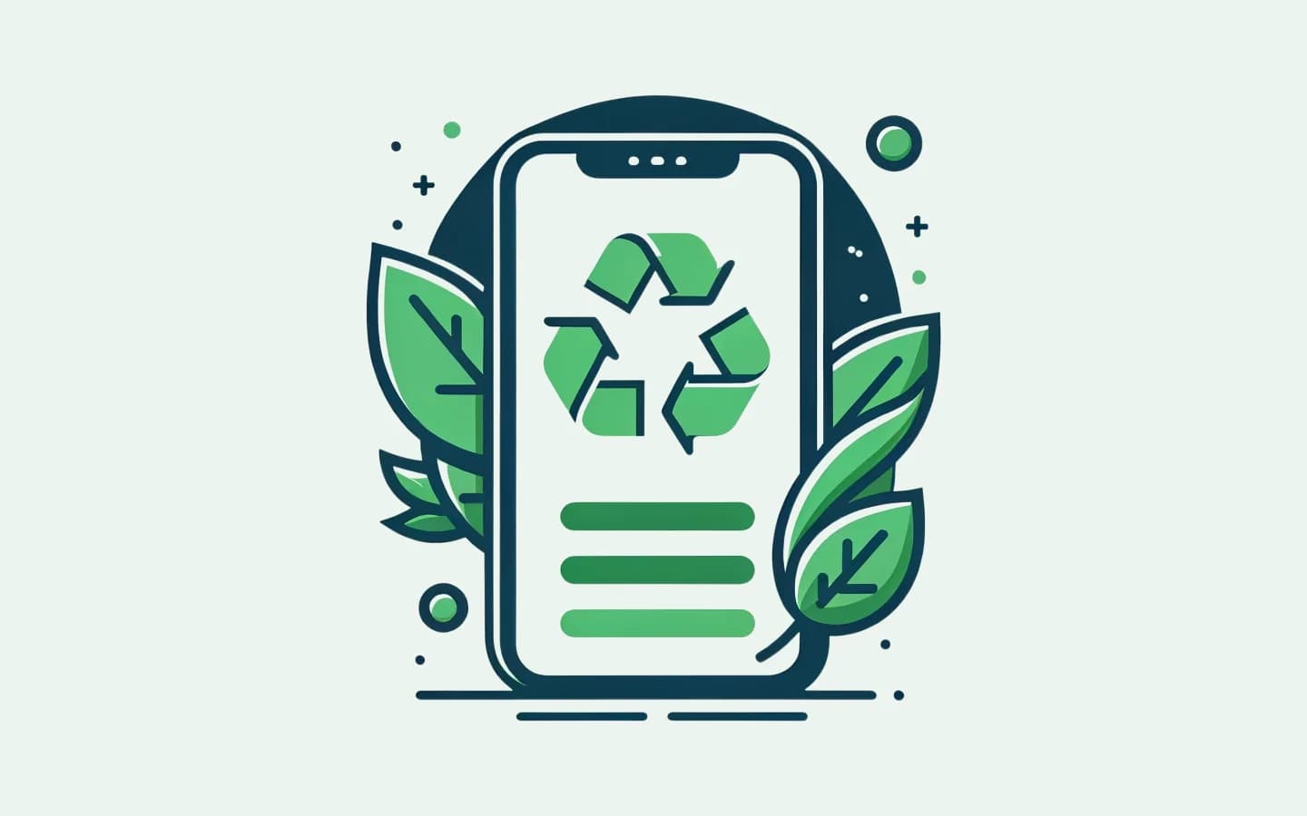 Illustration de Green Step : un smartphone avec le symbole du recyclage, entouré de feuilles