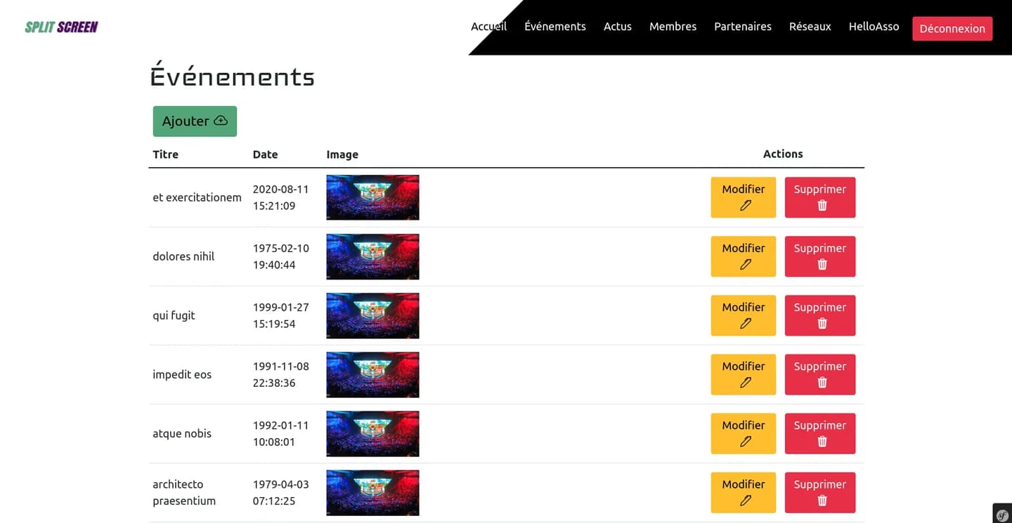 Back-office de Split Screen : la liste des événements, avec boutons Ajouter, Modifier et Supprimer