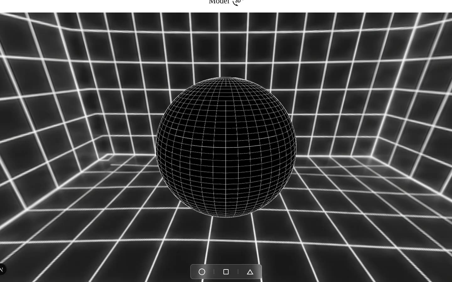 Sphère en fil de fer au centre d'une grille 3D à 360°, avec la barre de choix des formes en bas